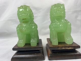 Pair Old Chinese Antique Jade Green Peking Glass Foo Dogs On Stands