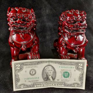 Pair Vintage Asian Chinese Foo Fu Dogs Cinnabar Red Resin Figurines Bookends 7 "
