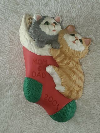 Hallmark Keepsake Ornament 2001 Mom & Dad Cats Kittens In Stocking Christmas