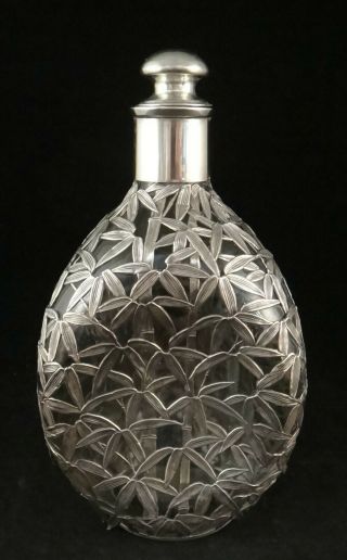 Antique Chinese Sterling Silver Covered Glass Bottle - Bamboo Leaf Pattern.  9” T.