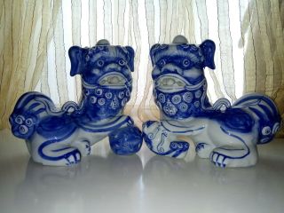 Vintage Chinese Ceramic Foo Dogs Guardian Lions Pair Male Female Blue White