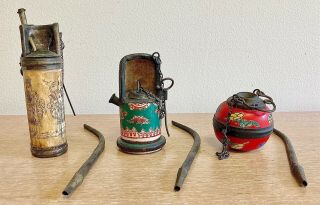 Three Vintage Ceramic & Metal Opium Pipes (jars) From Golden Triangle