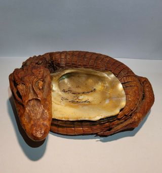 Vintage Alligator Taxidermy And Abalone Shell Jewelry Trinket Change Holder.