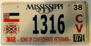 2007 Mississippi Sons Of Confederate Veterans License Plate