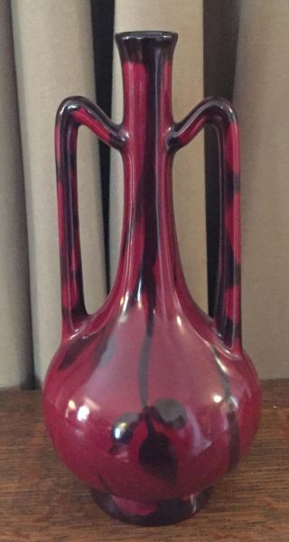 Vintage Regina Flambe 2 - Handled Gouda Vase Holland Glossy Maroon & Black