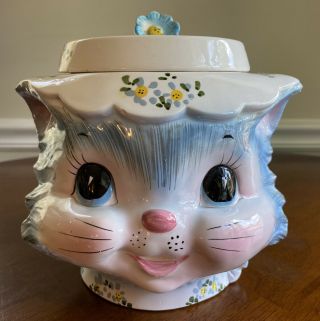 Rare Vintage Miss Priss Blue Kitty Cat Ceramic Cookie Jar Lid Lefton Japan 1502