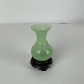 Chinese Jade/jadeite Green Peking Miniature Vase W/wood Pedestal
