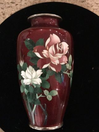 Vintage Japanese Sato Ando Ginbari Red Foil Cloisonne Vase Pink Roses 7 "