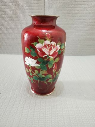Vtg Japanese Ginbari? Cloisonne Enamel Pidgeon Blood Red Vase 7 3/8  T