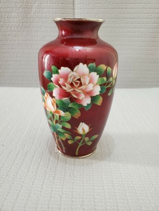 Vtg Japanese Ginbari? Cloisonne Enamel Pidgeon Blood Red Vase 7 3/8  T 2