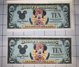 2 X 1990 $10 Minnie Mouse Disney Dollars Aa Sequential 5 Digit Rare Low Uncirc