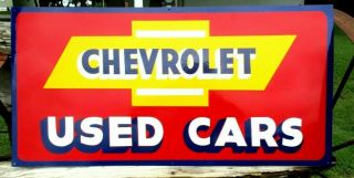 Vintage Metal Chevy Chevrolet Cars Truck Gas Oil 18x36” Hand Painted Sign
