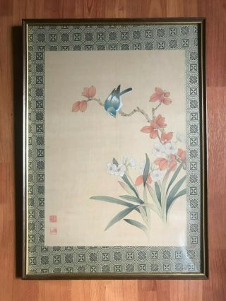 Fine Art Chinese Framed Watercolor Painting On Silk Bird & Flowerrs