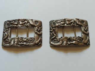 Antique Japanese Meiji Pure Silver Ornate Dragon Belt Buckle Clips Pair