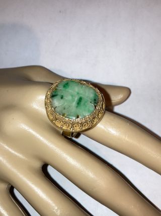 Antique Chinese Filigree Silver Jade Ring Size 9 Adjustable