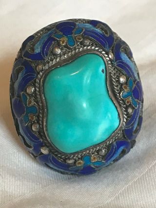 Antique Chinese Export Sterling Silver Enamel Turquoise Ring Size 9 Adjustable