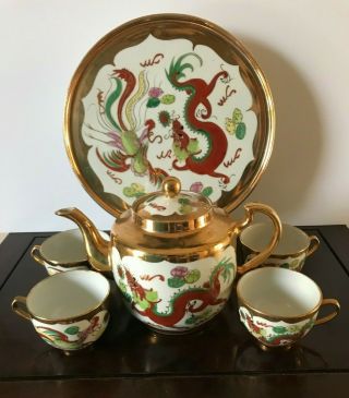 Antique Chinese Famille Rose Dragon&phoenix Porcelain Tea Set Teapot Stamped