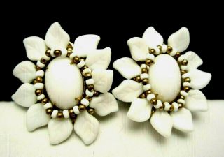 Rare Vintage 1 - 3/4 " Signed Miriam Haskell Goldtone Milk Glass Clip Earrings A57