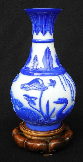 Vintage Chinese White Peking Glass Vase W/ Blue Overlay Glass Flower Artwork