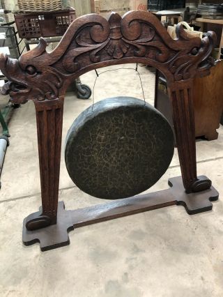 Antique Brass Gong With Carved Wooden Stand Chinese Detailing