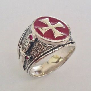 Knights Templar Cross Ring Masonic Freemasonry Silver 925 Red Enamel Handmade