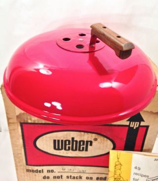 Vintage 1960 ' s 70 ' s Red Weber Smokey Joe SJ - 130 Lid Only W/ Offset Wood Handle 2