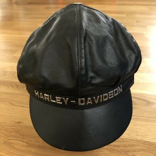 Vintage Harley - Davidson Black Leather Hat Captain Motorcycle Cap Men’s Medium