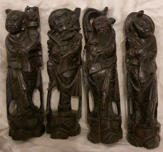 4 Antique Hand Carved Chinese Wooden Figures With Silver Inlay Immortals