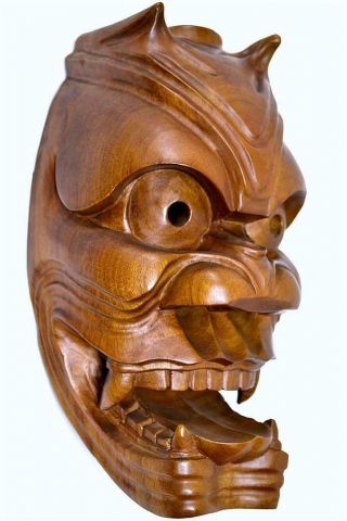 Wooden Japanese Traditional Kagura Mask Demon Buryu (浮立) Samurai Noh Kabuki