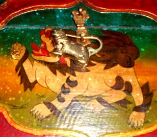 Tibet Wood Snow Lion Treasure Box Hand - Painted With Lock Ca1950 Scarce