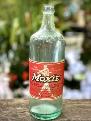 Rare Vintage Moxie Bottle With Ted Williams Paper Label Boston Red Sox 26oz