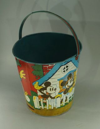 1938 Walt Disney Mickey Mouse Donald Duck Tin Sand Bucket Pail 8 " Tall