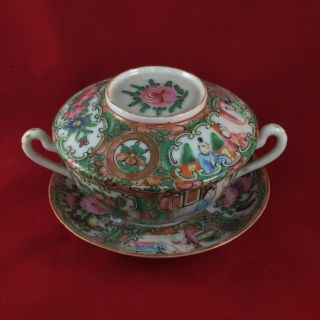 Antique Chinese Rose Medallion Double Handle Covered Bowl Or Cup With Saucer