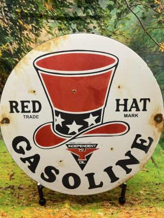 Old Vintage Red Hat Gasoline Porcelain Sign Gas Pump Station