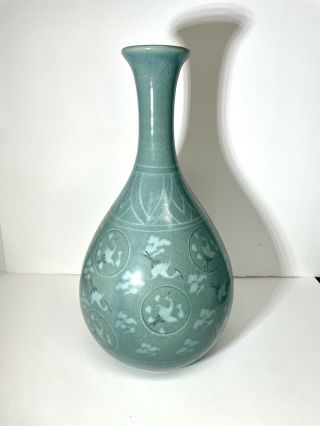 Gorgeous Vintage Korean Celadon Porcelain Vase Flying Cranes 12 " Signed