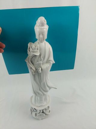14in Vtg Rare Signed Chinese Blanc De Chine White Porcelain Guanyin Lotus Statue