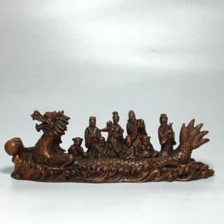Chinese Antique Collectable Boxwood Wood Hand Carved Dragon Boat Characters Sta