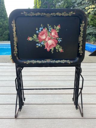 Vintage Roses Toleware Tv Trays Tables & Stand Set Of 3 Metal & Wrought Iron Euc
