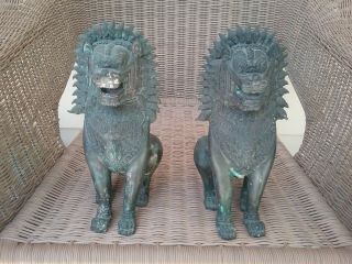Antique Bronzetemple Lions Pair Asian Art Sculptures 10 " Very Old Patina Khmer