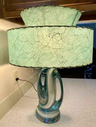 Vintage Mcm Iridescent Turquoise Lamp With Two Tiered Fiberglass Shade