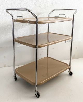 Vtg 3 Tier Cosco Metal Chrome Cart Kitchen Bar Serving Rolling Cart Mid Century