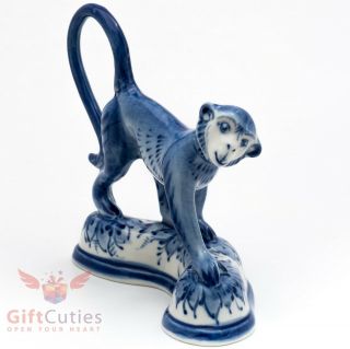 Gzhel Porcelain Monkey Figurine Handmade Гжель