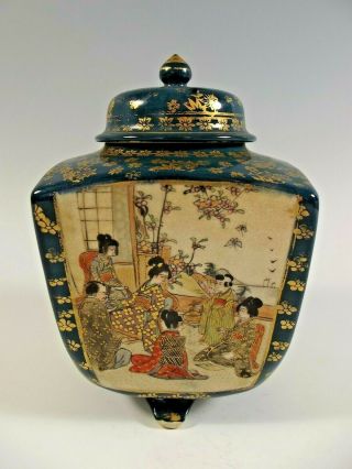 Large Japanese Meiji Period Satsuma Pottery Koro On Teal Ground