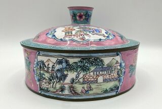 Antique Chinese Metallic Lidded Box Covered W/ Porcelain Enamel Famille Rose 6 "