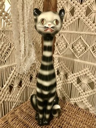 Vintage Atomic Cat Statue Mid - Century Long Neck Striped Ceramic 15” Tall