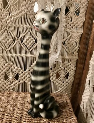 Vintage Atomic Cat Statue Mid - Century Long Neck Striped Ceramic 15” Tall 2