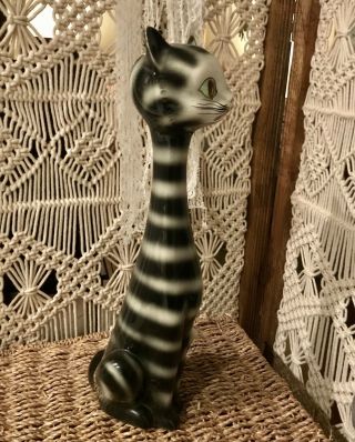 Vintage Atomic Cat Statue Mid - Century Long Neck Striped Ceramic 15” Tall 3