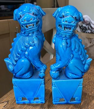 Vintage Chinese Turquoise Blue Foo Dogs Figures 8 Ins In Height