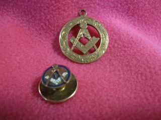Vintage Masonic Lodge Tie Tack And Pendant 9.  375 Karat Watch Fob