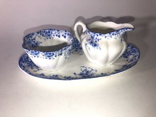 Vintage Shelley Bone China Dainty Blue Mini Creamer & Sugar Bowl W/ Dish 051/28